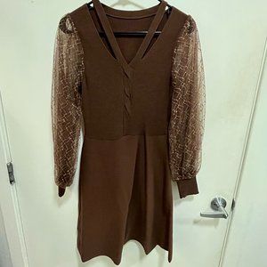 Queenia Unique Brown Dress with Sparkle Golden Sleeves - Small
